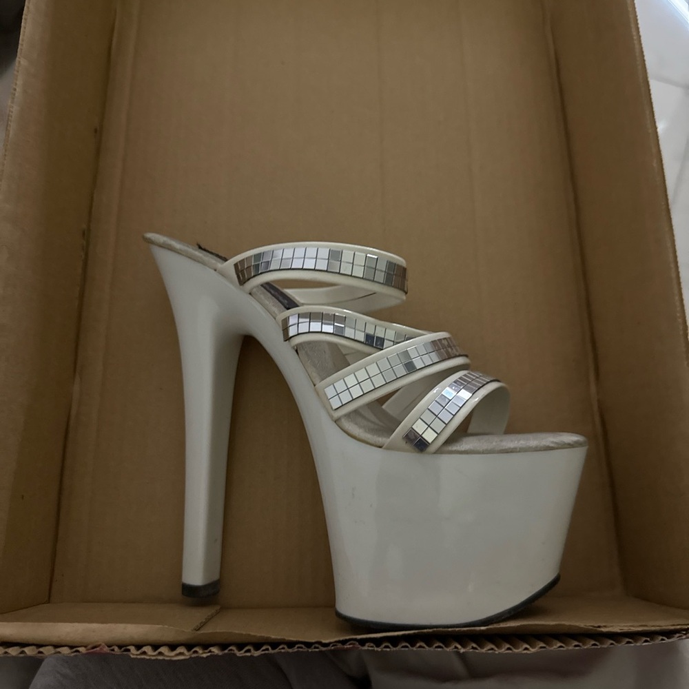 Pleaser White Platform Heels with Silver Straps